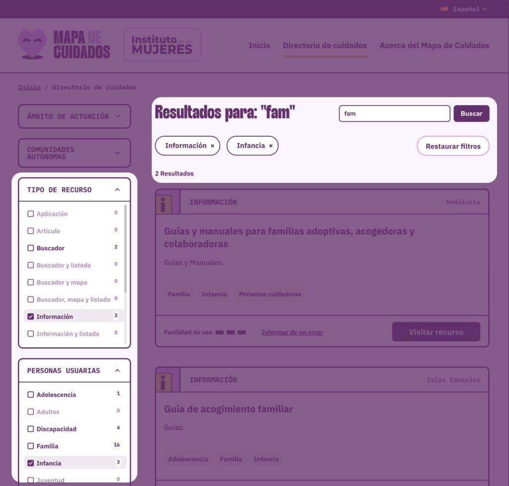Captura de pantalla resaltando los filtros del buscador y como se muestran debajo del título