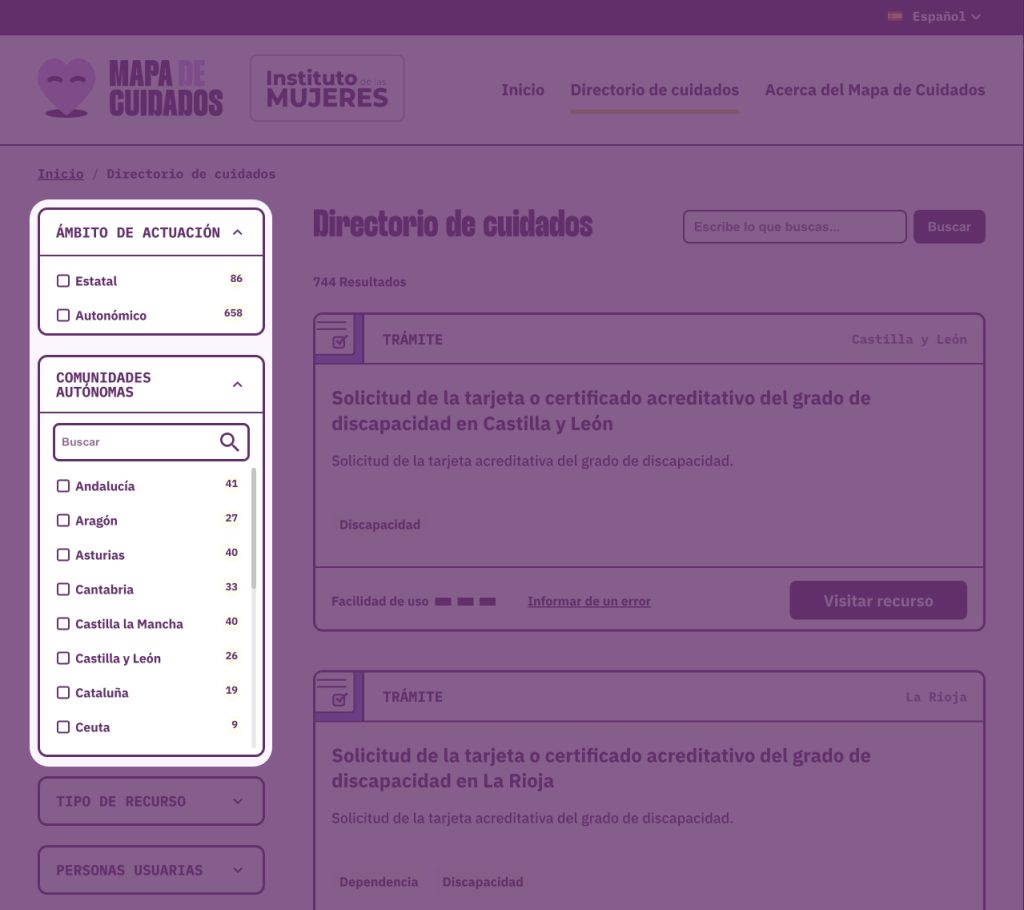 Captura de pantalla resaltando los filtros del buscador